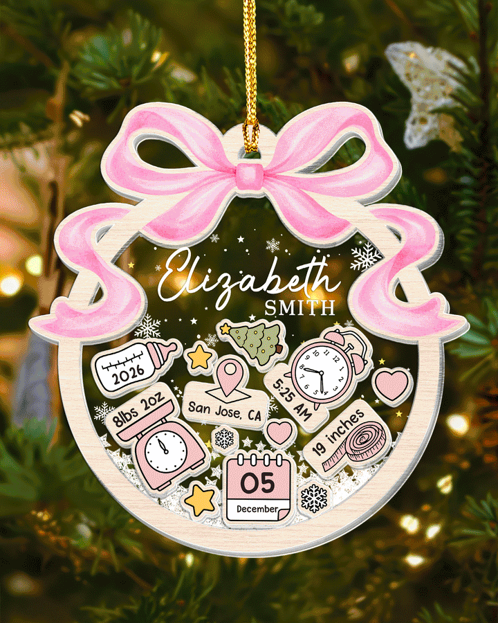 Personalized Baby's First Christmas Shaker Ornament-  Coquette Bow Newborn Keepsake