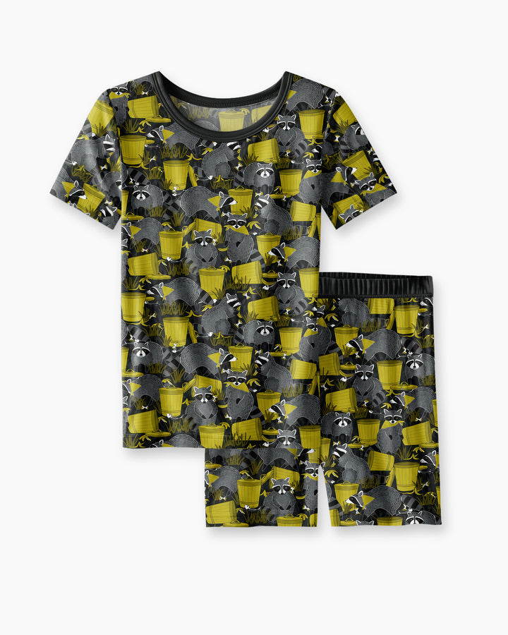Raccoons With Garbage Cans Bamboo Two Piece Short Sleeve Shorts Pajama Set