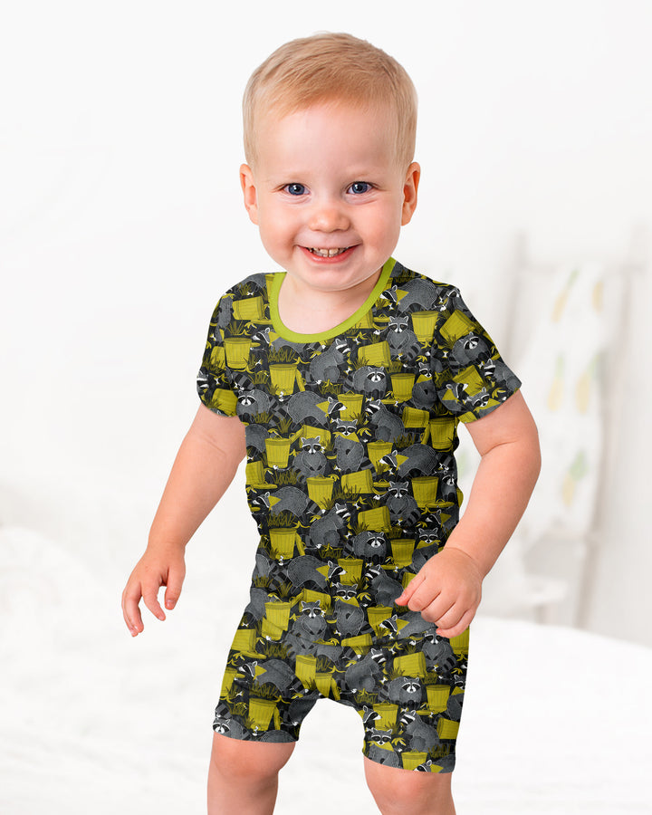 Raccoons With Garbage Cans Bamboo Two Piece Short Sleeve Shorts Pajama Set