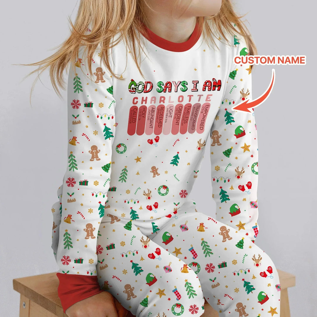 Christmas Blessings God Says I Am Custom Name Two Piece Long Sleeve Pajama Set , Christmas Blessings God Says I Am Custom Name Two Piece Long Sleeve Pajama Set - 12-18M