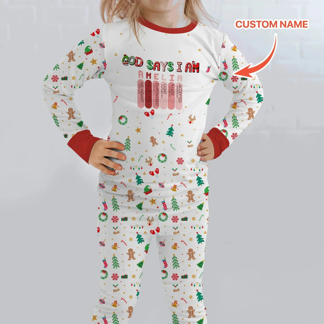 Christmas Blessings God Says I Am Custom Name Two Piece Long Sleeve Pajama Set , Christmas Blessings God Says I Am Custom Name Two Piece Long Sleeve Pajama Set - 12-18M