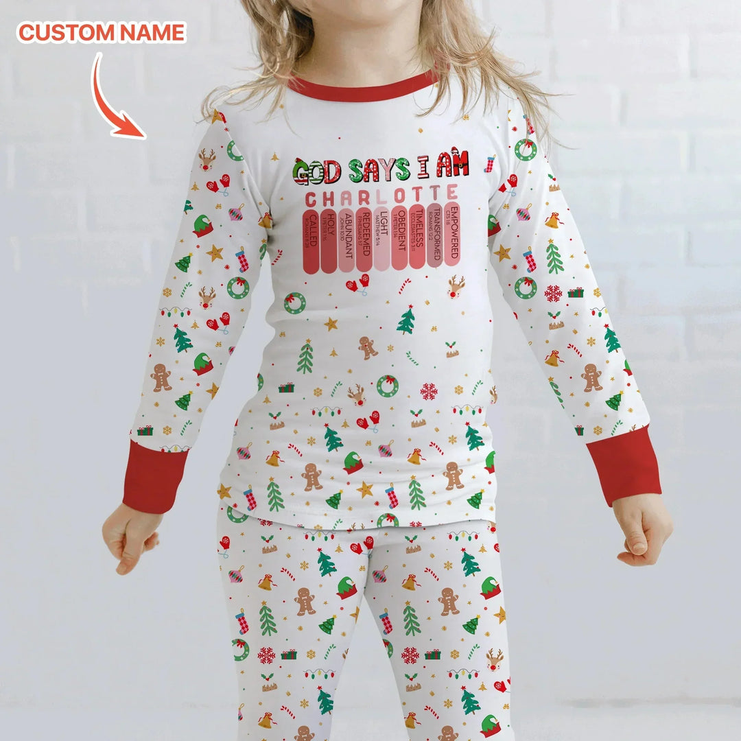 Christmas Blessings God Says I Am Custom Name Two Piece Long Sleeve Pajama Set , Christmas Blessings God Says I Am Custom Name Two Piece Long Sleeve Pajama Set - 12-18M