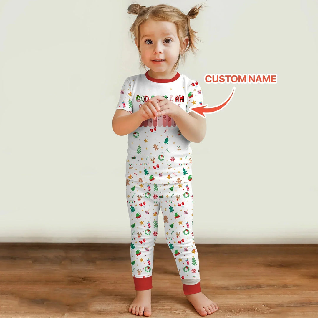 Christmas Blessings God Says I Am Custom Name Two Piece Short Sleeve Pajama Set , Christmas Blessings God Says I Am Custom Name Two Piece Short Sleeve Pajama Set - 12-18M