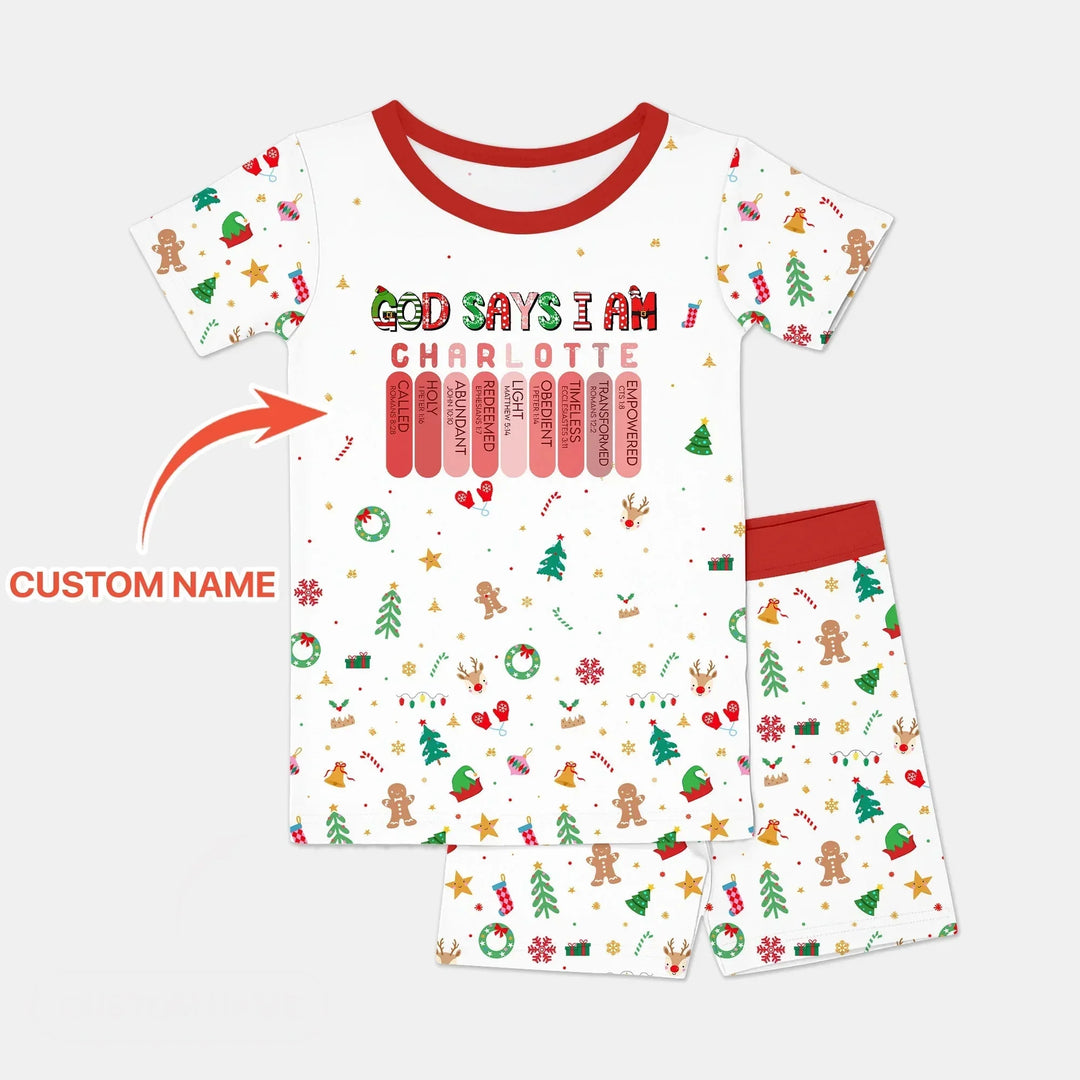 Christmas Blessings God Says I Am Custom Name Two Piece Short Sleeve Shorts Pajama Set , Christmas Blessings God Says I Am Custom Name Two Piece Short Sleeve Shorts Pajama Set - 12-18M