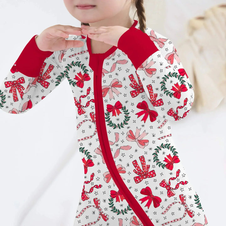 Christmas Bows Convertible Zippered Romper , Christmas Bows Convertible Zippered Romper - Newborn
