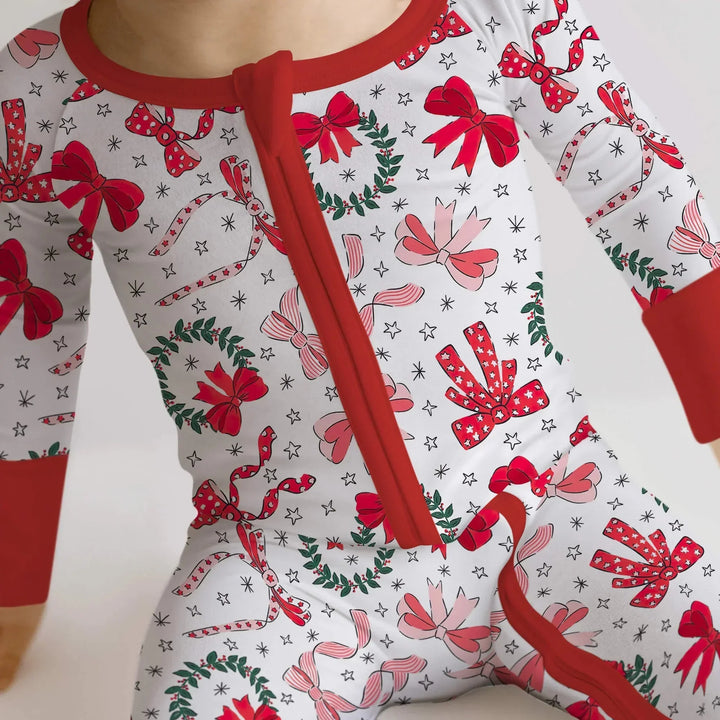 Christmas Bows Convertible Zippered Romper , Christmas Bows Convertible Zippered Romper - Newborn