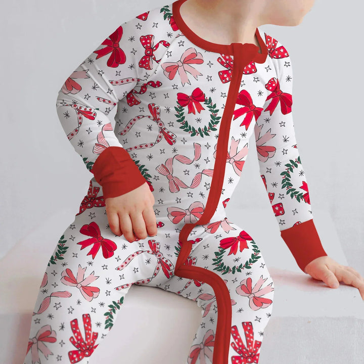 Christmas Bows Convertible Zippered Romper , Christmas Bows Convertible Zippered Romper - Newborn
