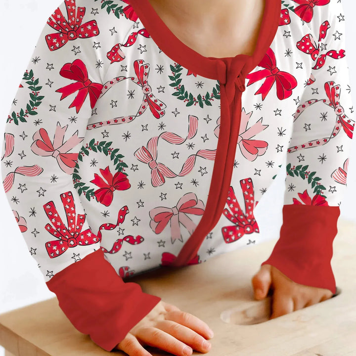 Christmas Bows Convertible Zippered Romper , Christmas Bows Convertible Zippered Romper - Newborn