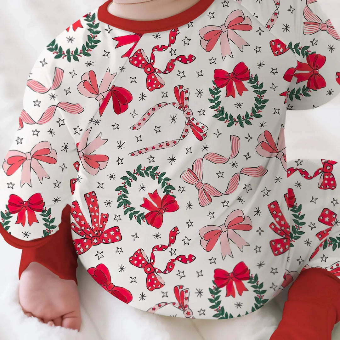 Christmas Bows Convertible Zippered Romper , Christmas Bows Convertible Zippered Romper - Newborn