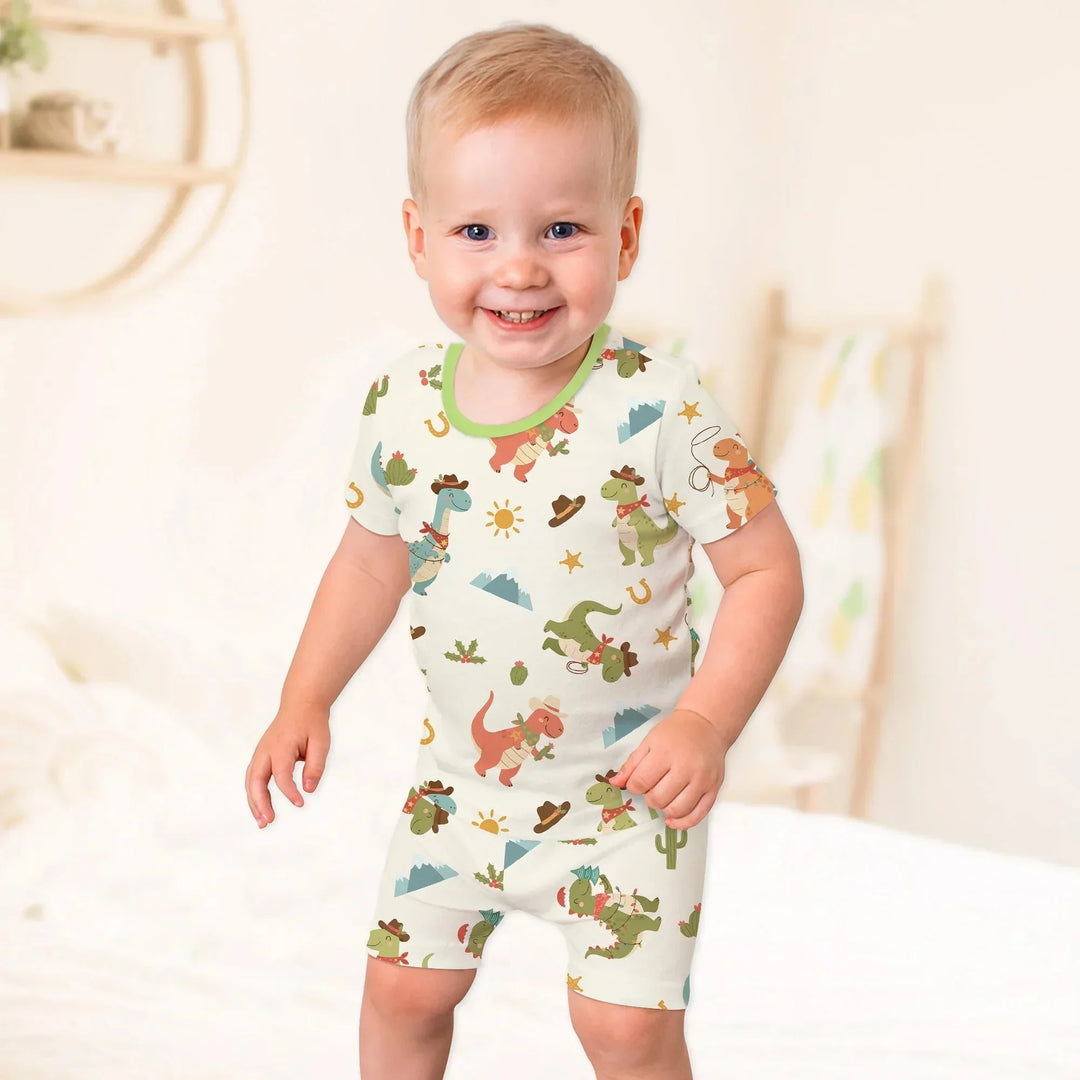 Christmas Cowboy Dinosaur Two Piece Short Sleeve Shorts Pajama Set , Christmas Cowboy Dinosaur Two Piece Short Sleeve Shorts Pajama Set - 12-18M