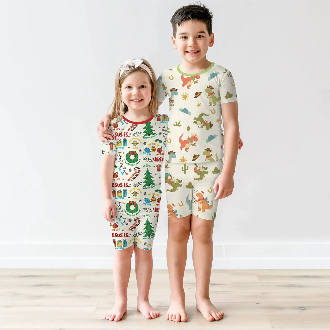 Christmas Cowboy Dinosaur Two Piece Short Sleeve Shorts Pajama Set , Christmas Cowboy Dinosaur Two Piece Short Sleeve Shorts Pajama Set - 12-18M