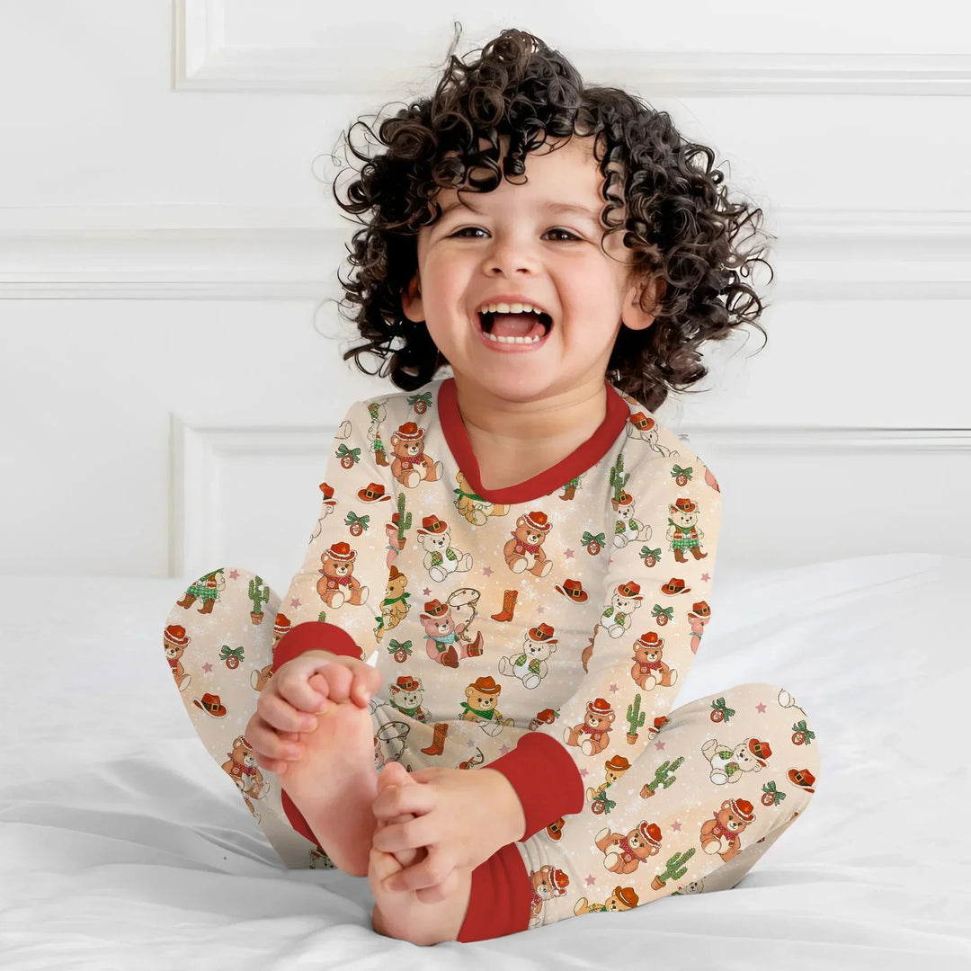 Christmas Cowboy Teddy Two Piece Long Sleeve Pajama Set , Christmas Cowboy Teddy Two Piece Long Sleeve Pajama Set - 12-18M