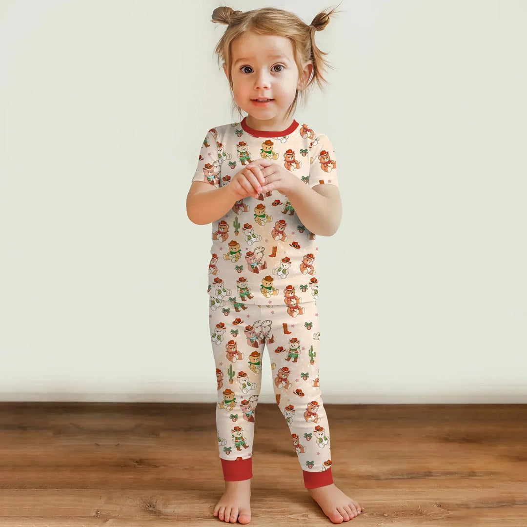 Christmas Cowboy Teddy Two Piece Short Sleeve Pajama Set , Christmas Cowboy Teddy Two Piece Short Sleeve Pajama Set - 12-18M