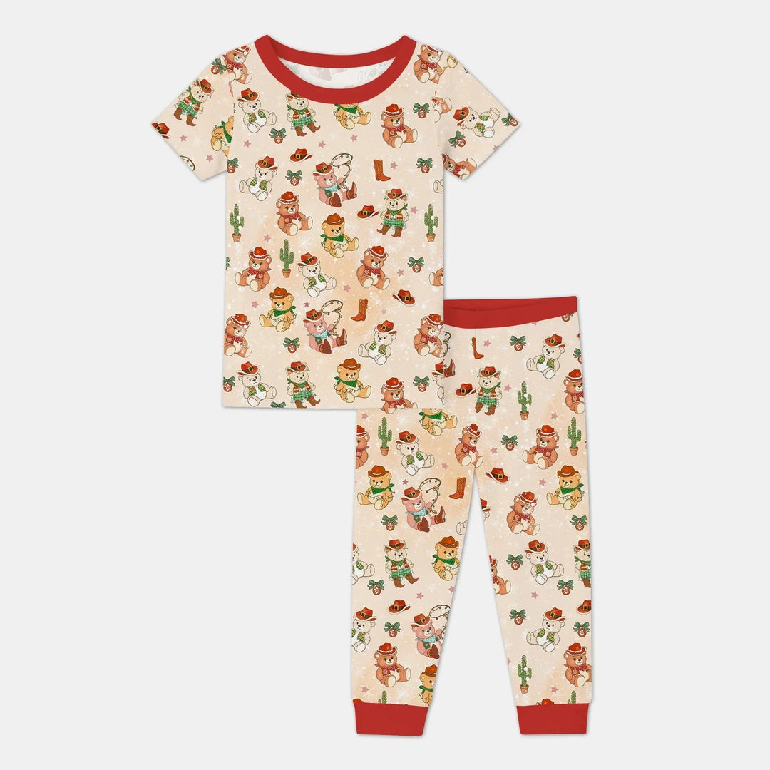 Christmas Cowboy Teddy Two Piece Short Sleeve Pajama Set , Christmas Cowboy Teddy Two Piece Short Sleeve Pajama Set - 12-18M