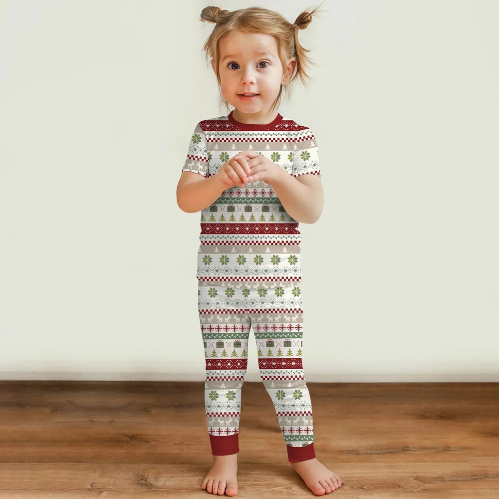 Christmas Fair Isle Red and Green Two Piece Short Sleeve Pajama Set , Christmas Fair Isle Red and Green Two Piece Short Sleeve Pajama Set - 12-18M