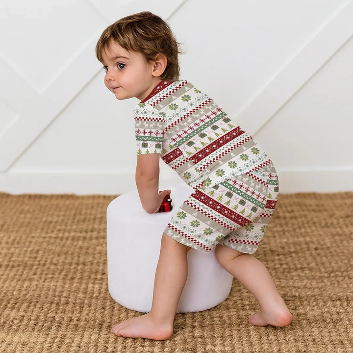 Christmas Fair Isle Red and Green Two Piece Short Sleeve Shorts Pajama Set , Christmas Fair Isle Red and Green Two Piece Short Sleeve Shorts Pajama Set - 12-18M