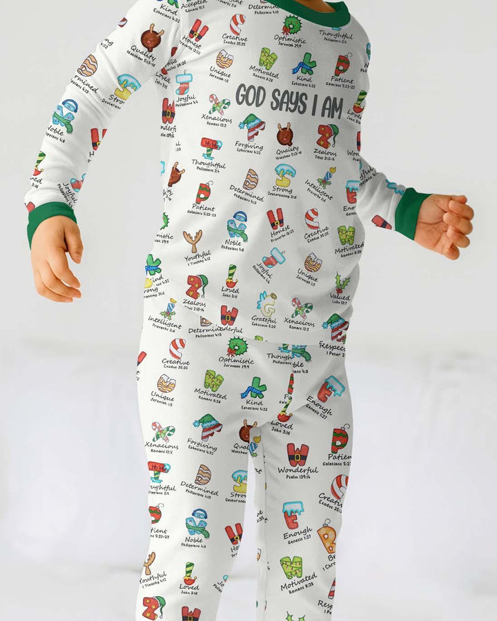 Christmas God Say I Am Alphabet Long Sleeve Pajama Set , Christmas God Say I Am Alphabet Long Sleeve Pajama Set - 12-18M / Red / Girl