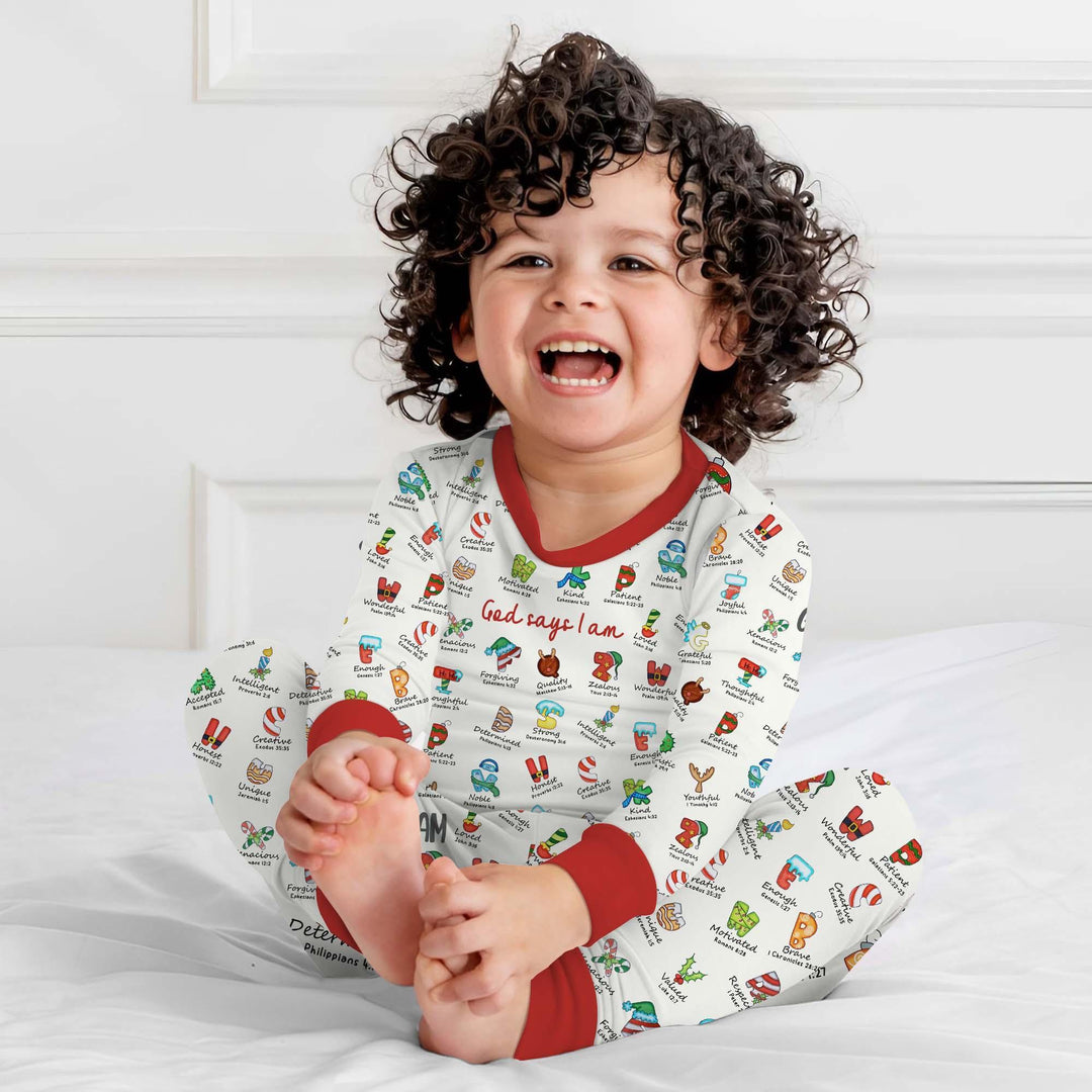 Christmas God Say I Am Alphabet Long Sleeve Pajama Set , Christmas God Say I Am Alphabet Long Sleeve Pajama Set - 12-18M / Red / Boy