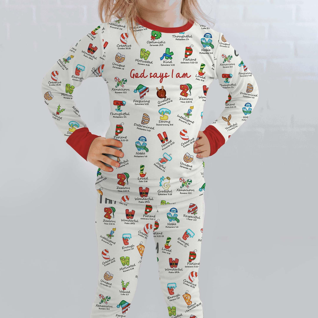 Christmas God Say I Am Alphabet Long Sleeve Pajama Set , Christmas God Say I Am Alphabet Long Sleeve Pajama Set - 12-18M / Red / Girl