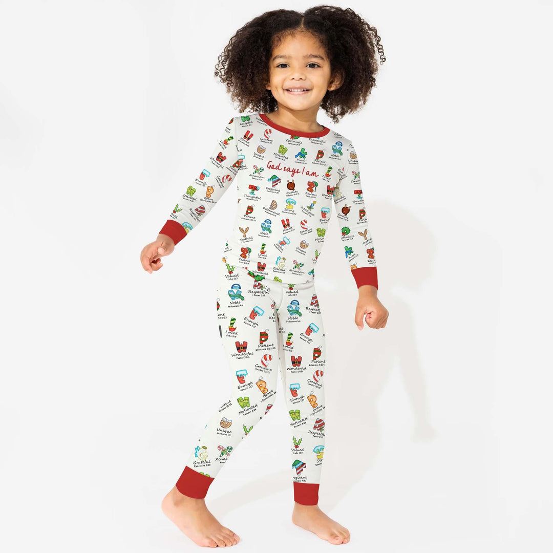 Christmas God Say I Am Alphabet Long Sleeve Pajama Set , Christmas God Say I Am Alphabet Long Sleeve Pajama Set - 12-18M / Red / Girl