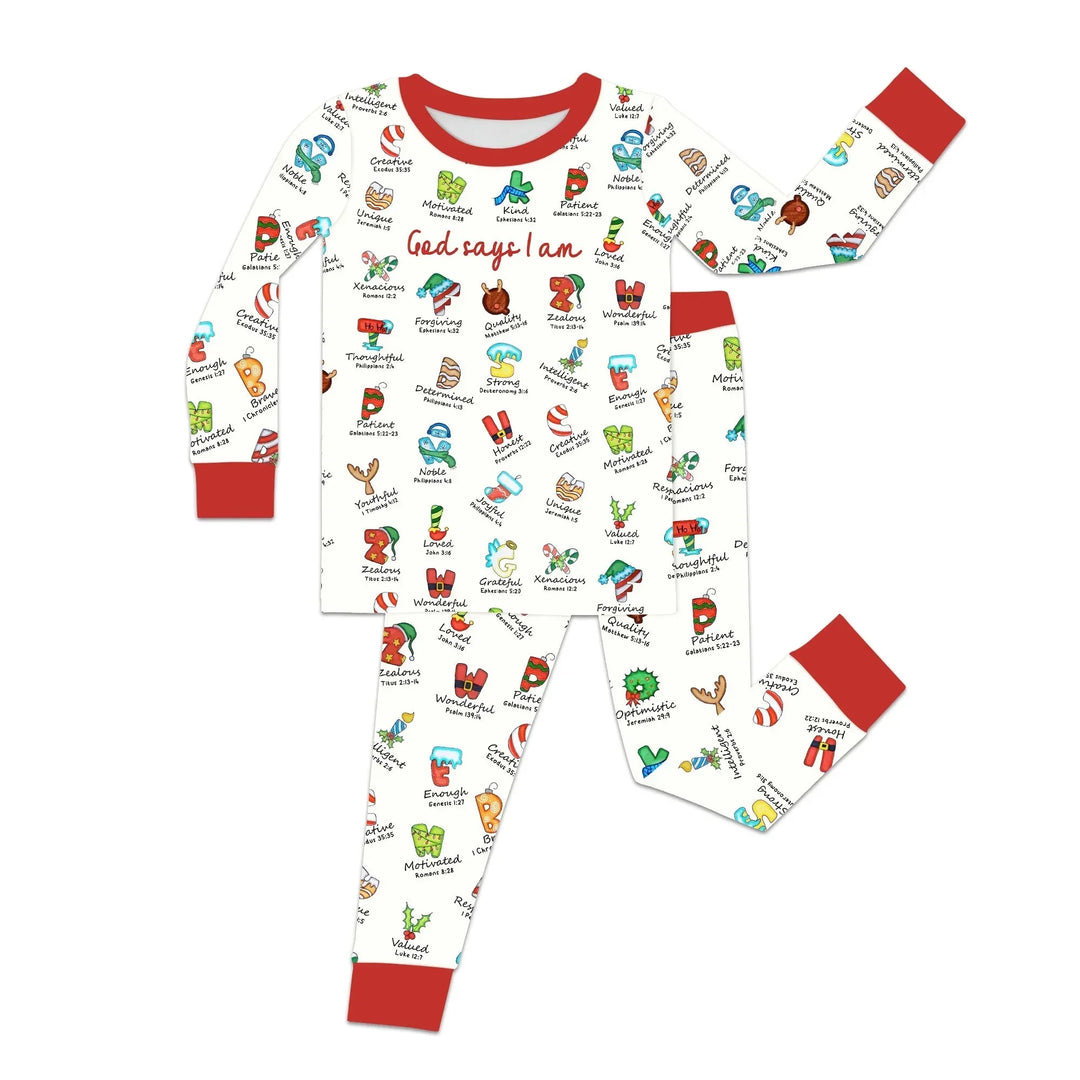 Christmas God Say I Am Alphabet Long Sleeve Pajama Set , Christmas God Say I Am Alphabet Long Sleeve Pajama Set - 12-18M / Red / Girl