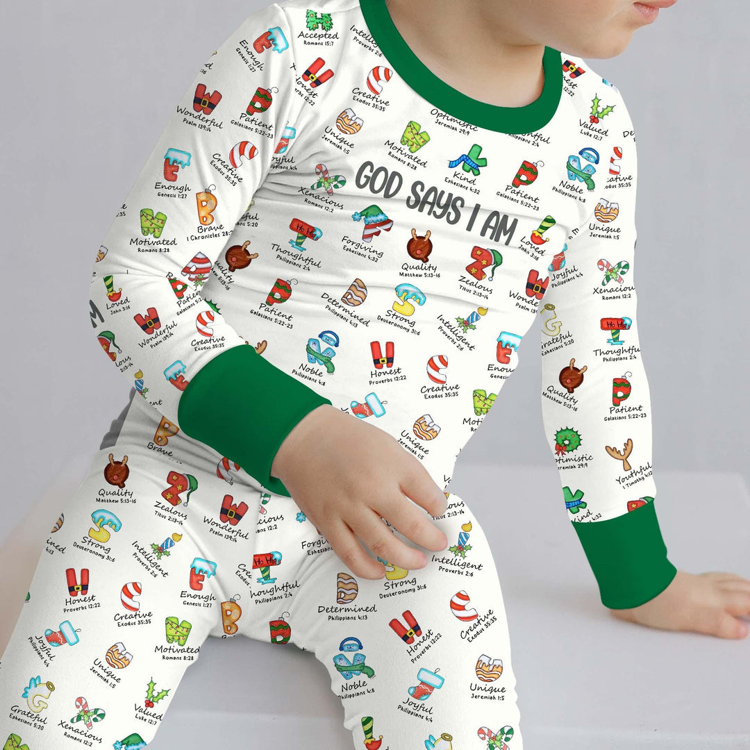 Christmas God Say I Am Alphabet Long Sleeve Pajama Set , Christmas God Say I Am Alphabet Long Sleeve Pajama Set - 12-18M / Red / Girl