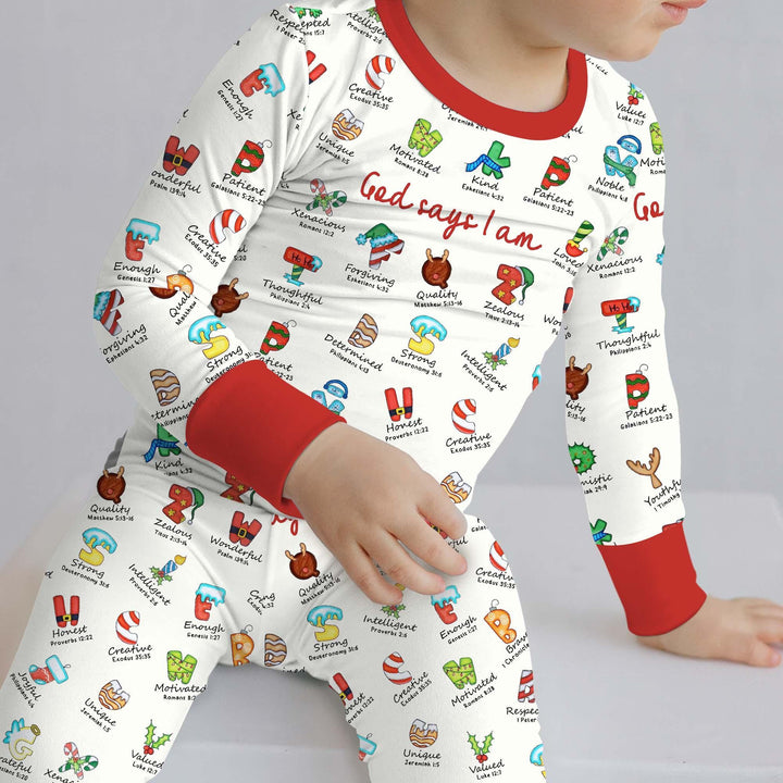 Christmas God Say I Am Alphabet Long Sleeve Pajama Set , Christmas God Say I Am Alphabet Long Sleeve Pajama Set - 12-18M / Red / Girl