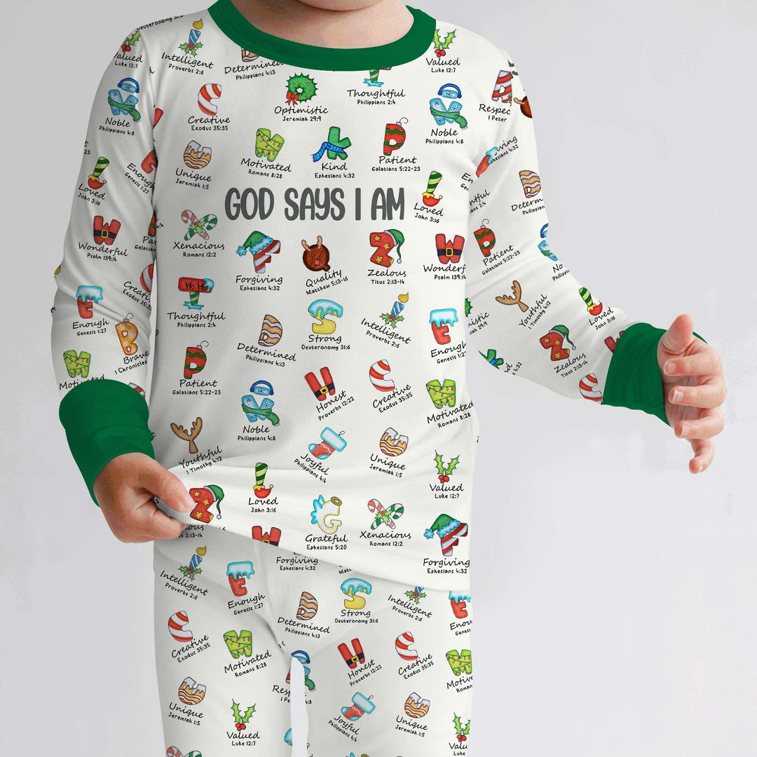 Christmas God Say I Am Alphabet Long Sleeve Pajama Set , Christmas God Say I Am Alphabet Long Sleeve Pajama Set - 12-18M / Red / Girl