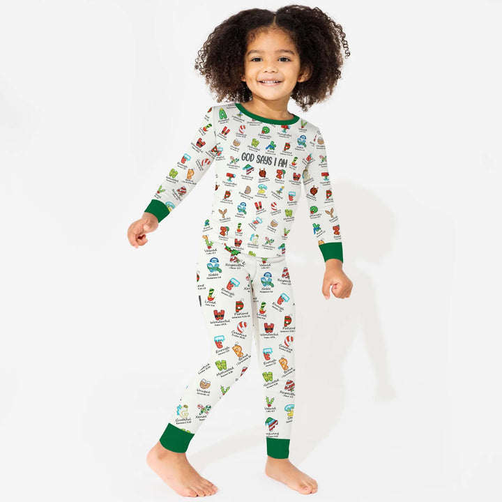 Christmas God Say I Am Alphabet Long Sleeve Pajama Set , Christmas God Say I Am Alphabet Long Sleeve Pajama Set - 12-18M / Green / Girl