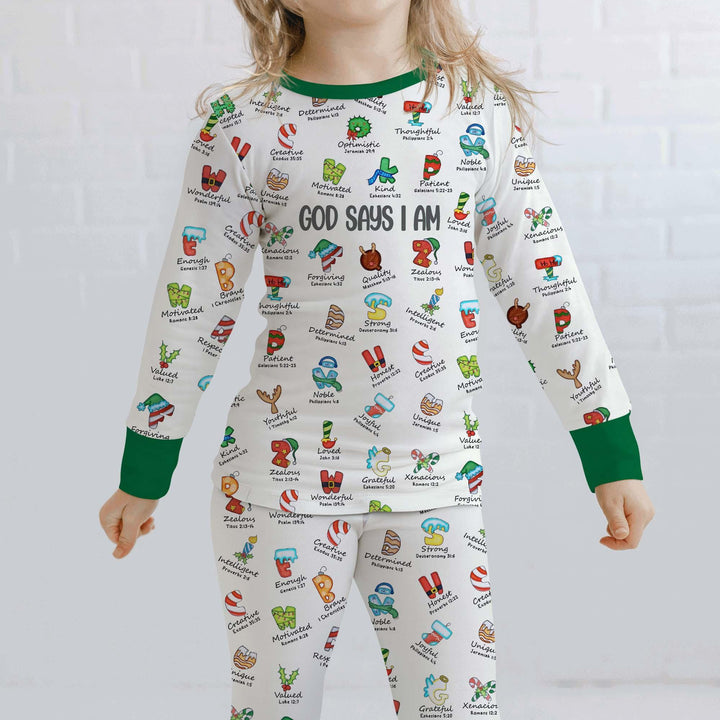 Christmas God Say I Am Alphabet Long Sleeve Pajama Set , Christmas God Say I Am Alphabet Long Sleeve Pajama Set - 12-18M / Red / Girl