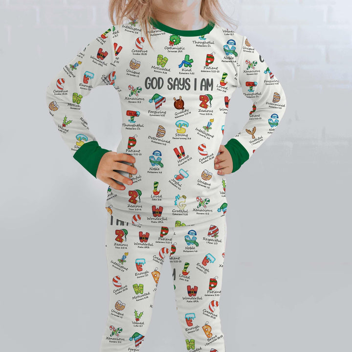 Christmas God Say I Am Alphabet Long Sleeve Pajama Set , Christmas God Say I Am Alphabet Long Sleeve Pajama Set - 12-18M / Red / Girl
