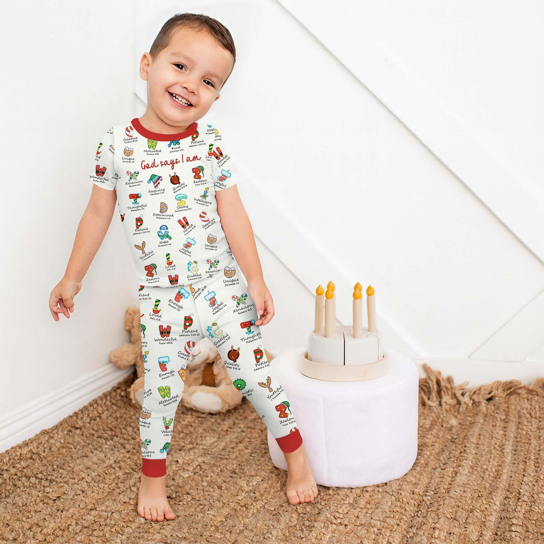 Christmas God Say I Am Alphabet Short Sleeve Pajama Set , Christmas God Say I Am Alphabet Short Sleeve Pajama Set - 12-18M / Red / Boy