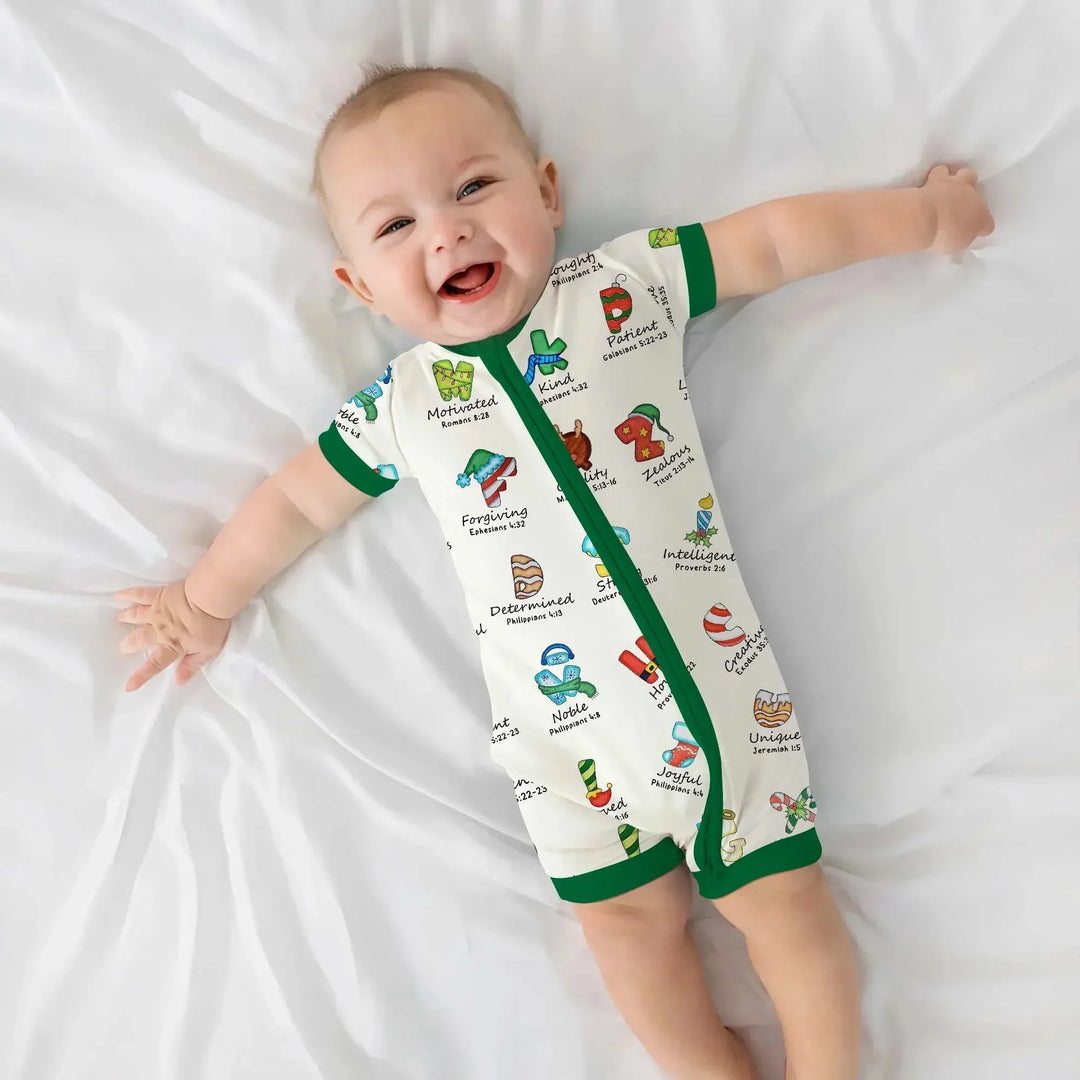 Christmas God Say I Am Alphabet Shorty Zippy , Christmas God Say I Am Alphabet Shorty Zippy - 0-3M / Green / Boy