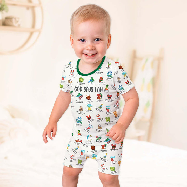 Christmas God Say I Am Alphabet Two Piece Short Sleeve Pajama Set , Christmas God Say I Am Alphabet Two Piece Short Sleeve Pajama Set - 12-18M / Green / Boy