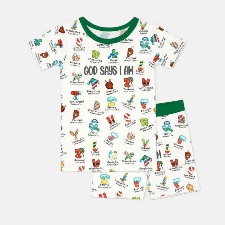 Christmas God Say I Am Alphabet Two Piece Short Sleeve Pajama Set , Christmas God Say I Am Alphabet Two Piece Short Sleeve Pajama Set - 12-18M / Red / Girl