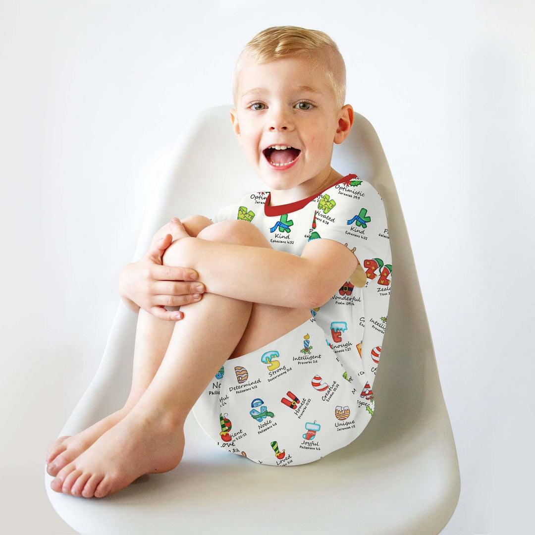 Christmas God Say I Am Alphabet Two Piece Short Sleeve Pajama Set , Christmas God Say I Am Alphabet Two Piece Short Sleeve Pajama Set - 12-18M / Red / Girl