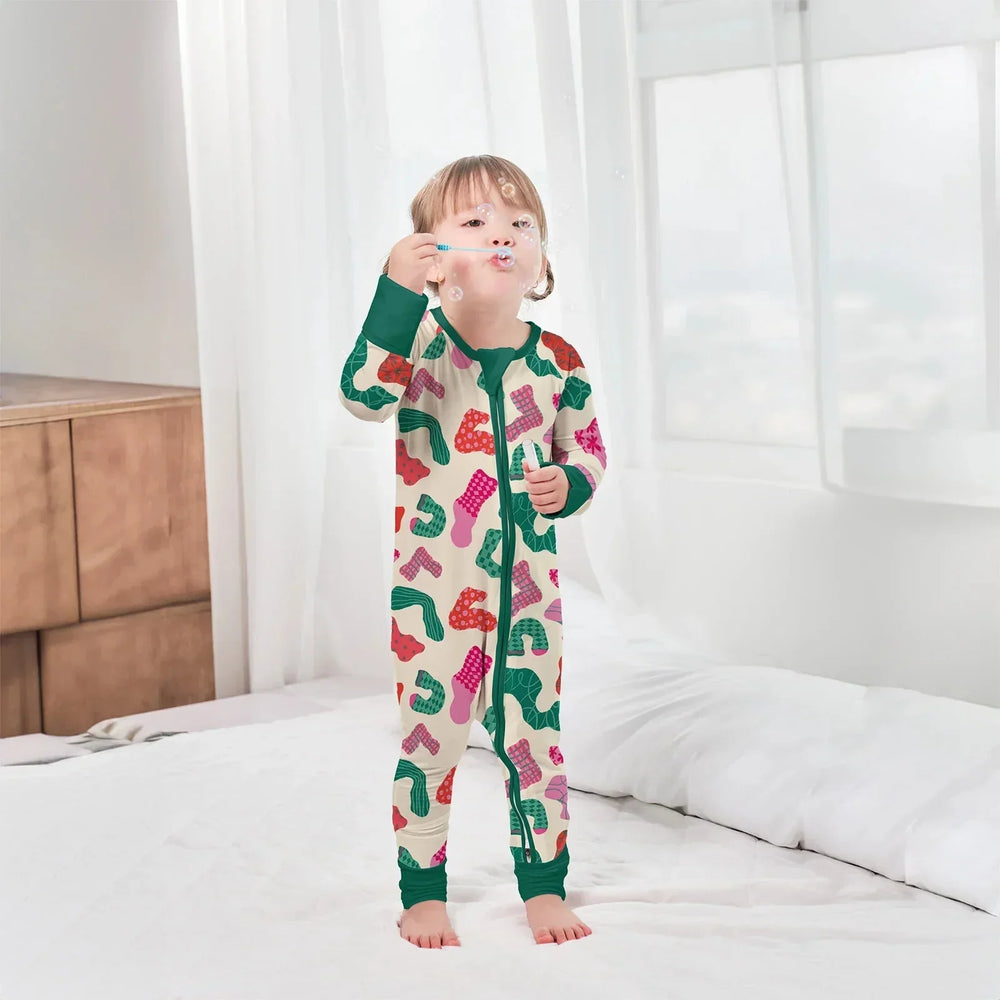 Christmas Happy Socks Keep Warm Convertible Zippered Romper , Christmas Happy Socks Keep Warm Convertible Zippered Romper - Newborn