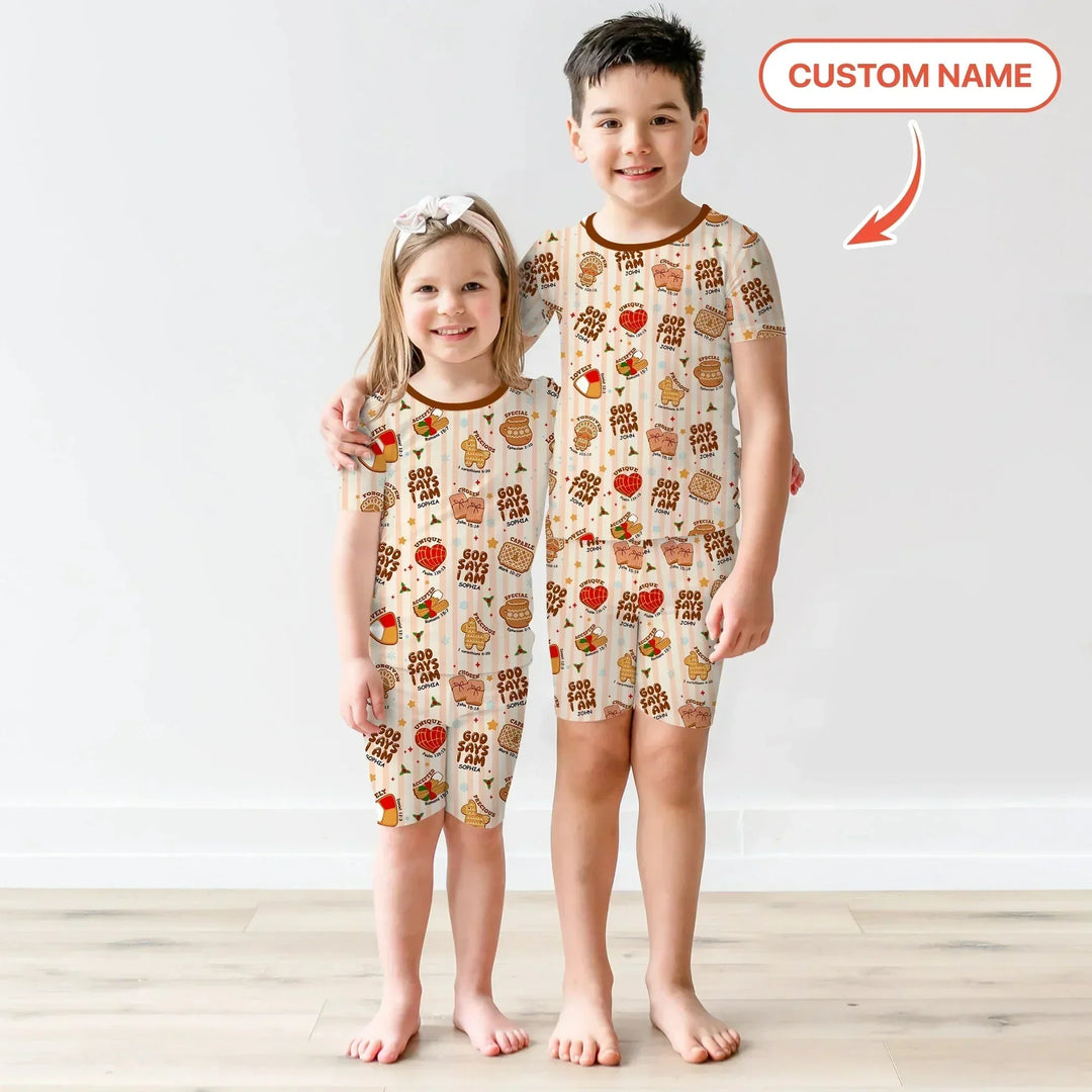 Christmas Mexican Cookies Custom Name For Boys Two Piece Short Sleeve Shorts Pajama Set , Christmas Mexican Cookies Custom Name For Boys Two Piece Short Sleeve Shorts Pajama Set - 12-18M