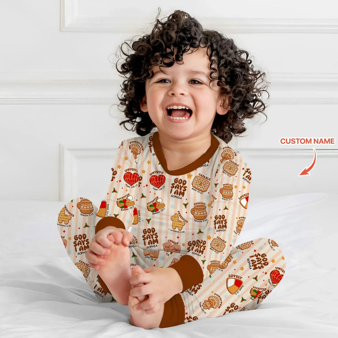 Christmas Mexican Cookies Custom Name For Girls Two Piece Long Sleeve Pajama Set , Christmas Mexican Cookies Custom Name For Girls Two Piece Long Sleeve Pajama Set - 12-18M