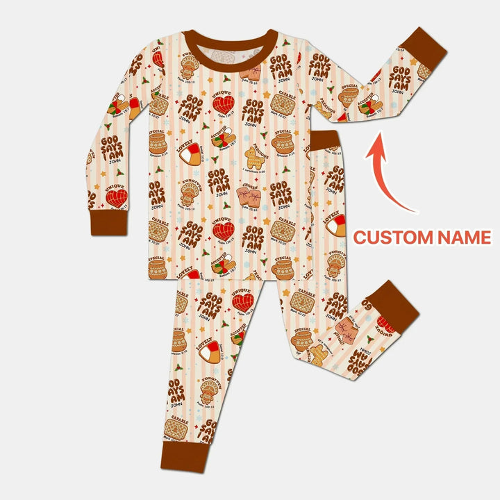 Christmas Mexican Cookies Custom Name For Girls Two Piece Long Sleeve Pajama Set , Christmas Mexican Cookies Custom Name For Girls Two Piece Long Sleeve Pajama Set - 12-18M