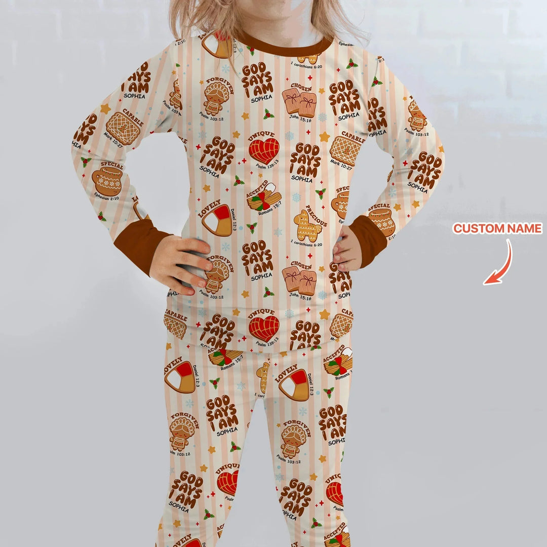Christmas Mexican Cookies Custom Name For Girls Two Piece Long Sleeve Pajama Set , Christmas Mexican Cookies Custom Name For Girls Two Piece Long Sleeve Pajama Set - 12-18M