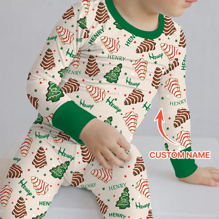 Christmas Tree Cake Custom Name Two Piece Long Sleeve Pajama Set , Christmas Tree Cake Custom Name Two Piece Long Sleeve Pajama Set - 12-18M