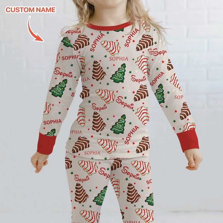 Christmas Tree Cake Custom Name Two Piece Long Sleeve Pajama Set , Christmas Tree Cake Custom Name Two Piece Long Sleeve Pajama Set - 12-18M