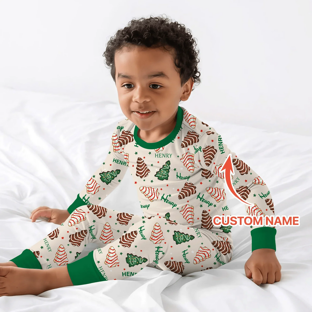 Christmas Tree Cake Custom Name Two Piece Long Sleeve Pajama Set , Christmas Tree Cake Custom Name Two Piece Long Sleeve Pajama Set - 12-18M