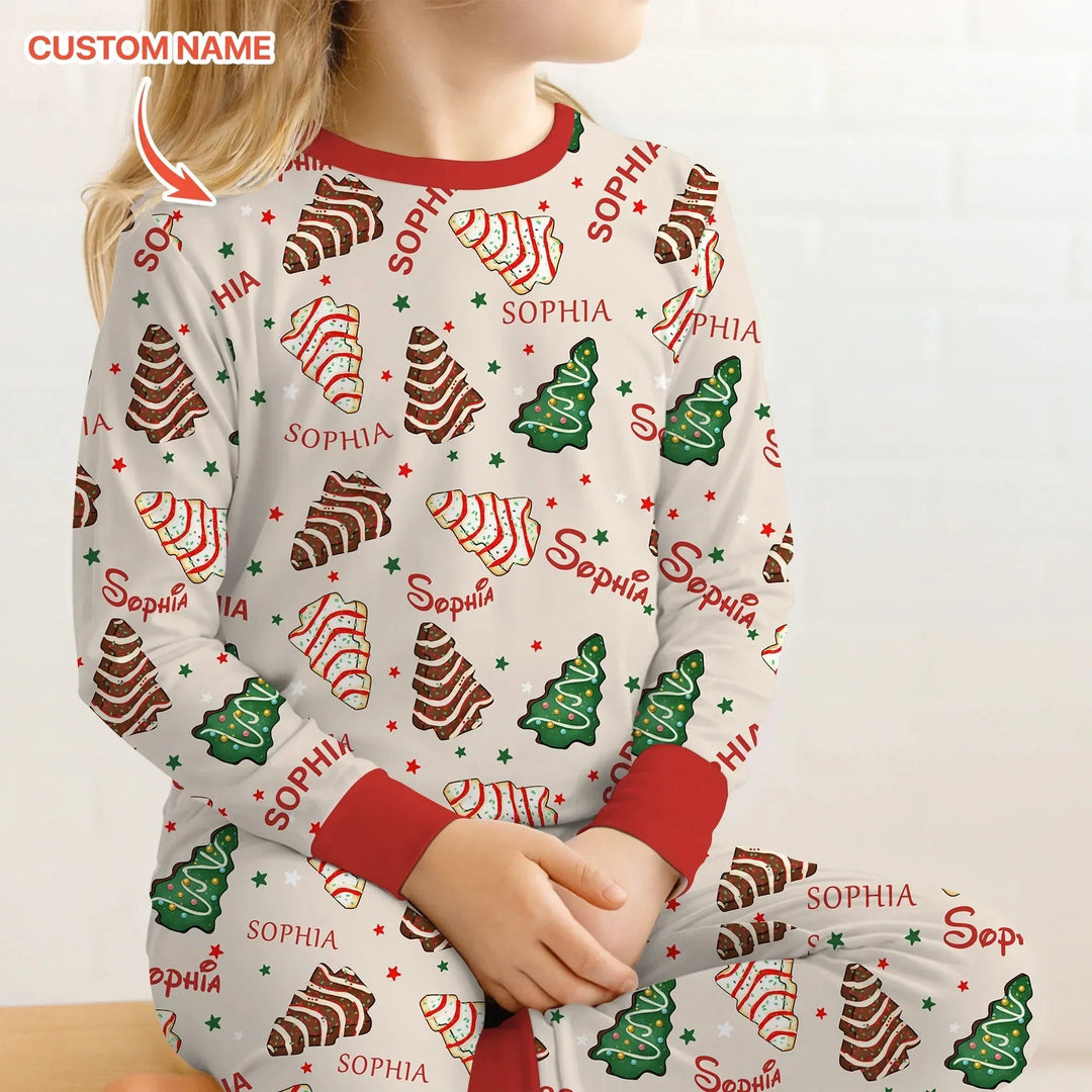 Christmas Tree Cake Custom Name Two Piece Long Sleeve Pajama Set , Christmas Tree Cake Custom Name Two Piece Long Sleeve Pajama Set - 12-18M