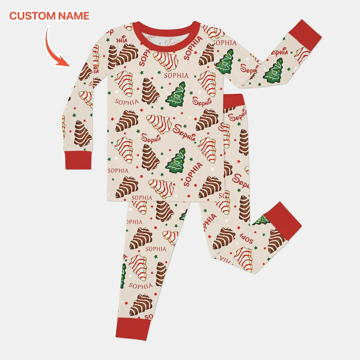 Christmas Tree Cake Custom Name Two Piece Long Sleeve Pajama Set , Christmas Tree Cake Custom Name Two Piece Long Sleeve Pajama Set - 12-18M