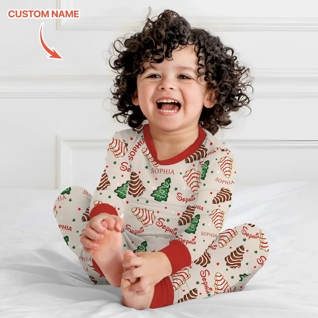 Christmas Tree Cake Custom Name Two Piece Long Sleeve Pajama Set , Christmas Tree Cake Custom Name Two Piece Long Sleeve Pajama Set - 12-18M