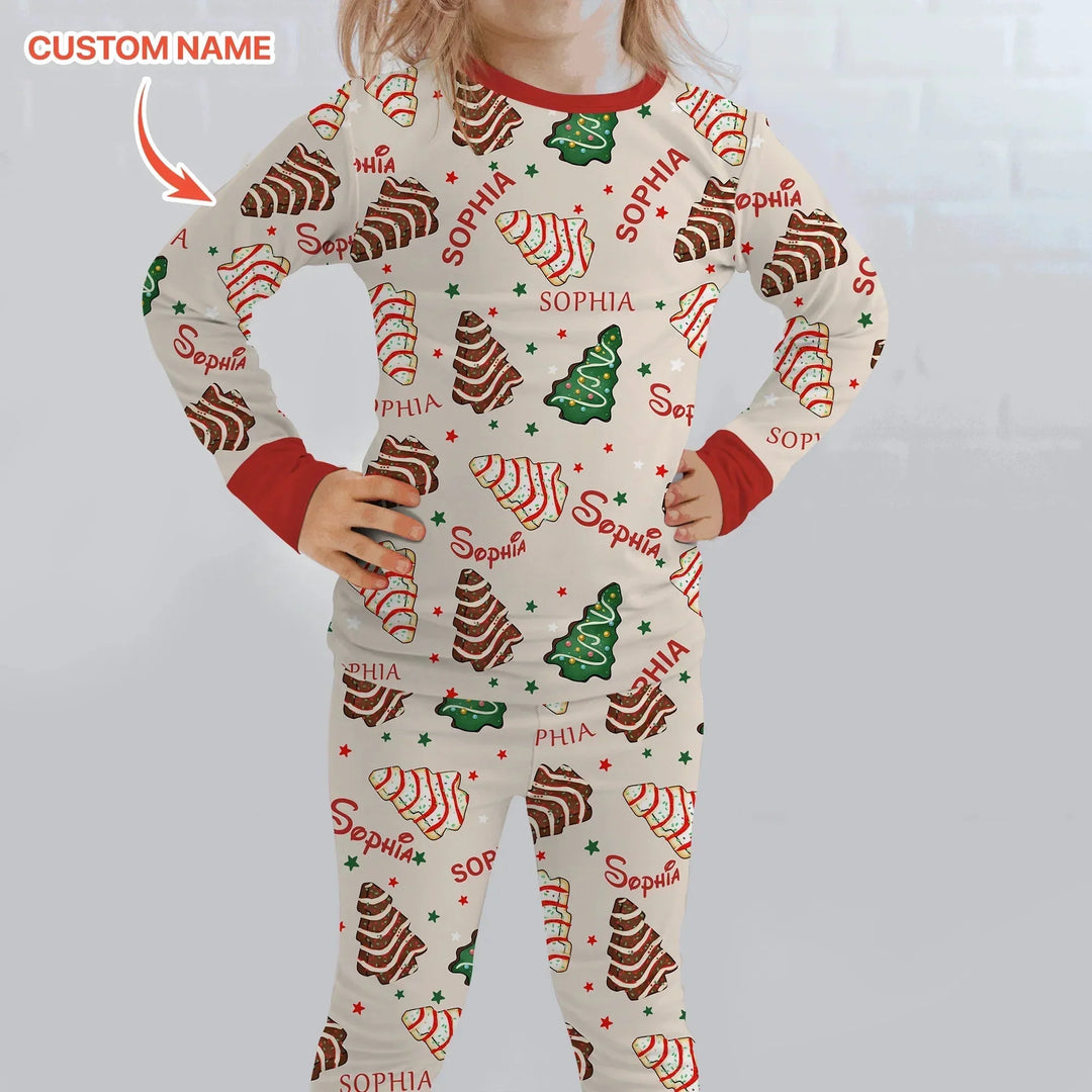 Christmas Tree Cake Custom Name Two Piece Long Sleeve Pajama Set , Christmas Tree Cake Custom Name Two Piece Long Sleeve Pajama Set - 12-18M