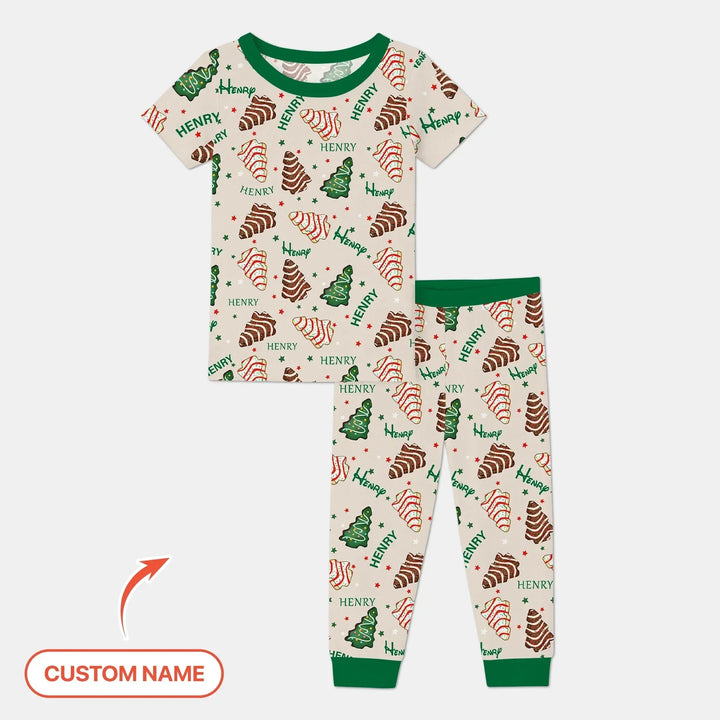 Christmas Tree Cake Custom Name Two Piece Short Sleeve Pajama Set , Christmas Tree Cake Custom Name Two Piece Short Sleeve Pajama Set - 12-18M