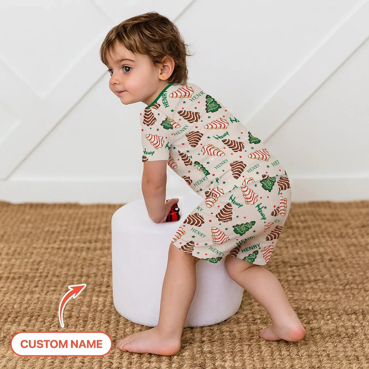 Christmas Tree Cake Custom Name Two Piece Short Sleeve Shorts Pajama Set , Christmas Tree Cake Custom Name Two Piece Short Sleeve Shorts Pajama Set - 12-18M